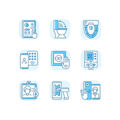 Contactless technology blue RGB color icons set. Smart home devices with interaction through device. Automatic control to reduce touching. Isolated vector illustrations