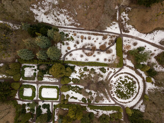 City park in early spring. Aerial drone top view.