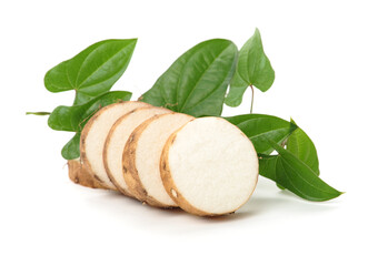 Chinese yam and leaves isolated on white background stock photo