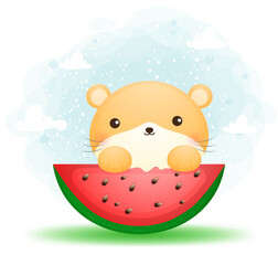 Cute doodle mom hamster eat watermelon cartoon character Premium Vector