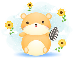 Cute doodle hamster holding sunflower seed cartoon character Premium Vector