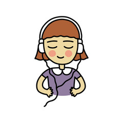 girl with headphones doodle icon, vector color illustration