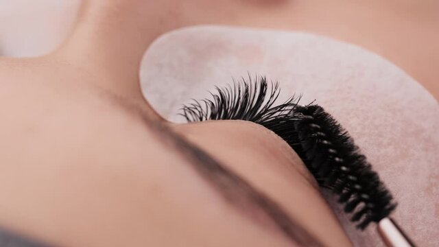 Eyelash extension procedure. Professional beauty master combing female lashes with special mascara brush. Fake eyelashes. Eyelashes extensions close up. Makeup artist and client in beauty salon.