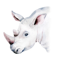 Obraz premium Africa watercolor savanna rhino animal. African Safari cute animals portrait character.Perfect for wallpaper print, packaging ,invitations, wedding design