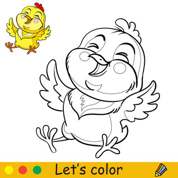 Cute laughing chicken coloring with colorful template vector
