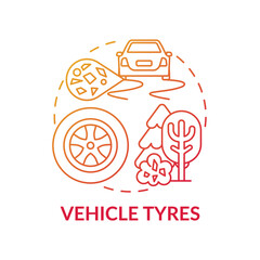 Fototapeta premium Vehicle tyres concept icon. Microplastics sources idea thin line illustration. Microplastics sources. Gum harmful impact. Vector isolated outline RGB color drawing