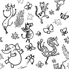 Dancing jungle animals - zebra, giraffe, elephant, cheetah. Hand drawn line art with safari party and african wildlife