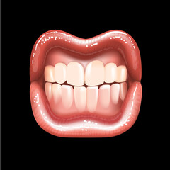 Shining beautiful female nude lips colored in pink lipstic color isolated vector illustration. Grinning teeth. Black background