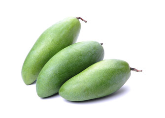 fresh green mangoes on white background.