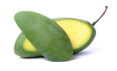 fresh green mangoes on white background.