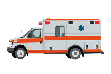 Nursery ambulance car drawing. Rescue medical truck in cartoon style. Isolated vehicle art for kids bedroom decor. Side view. Print for toddler wall art