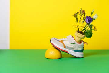 Kids multicolour sport shoes with yellow socks and composition of flowers inside and wad of...