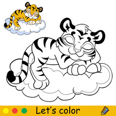 Little tiger on a cloud coloring with colorful template vector