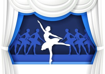 Beautiful ballerina dancing on stage. Vector illustration in paper art craft style. Classic ballet dancer performance. © Siberian Art