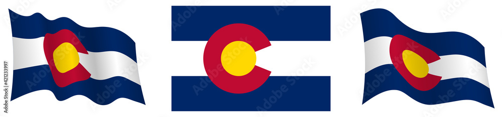 Wall mural flag of american state of Colorado in static position and in motion, fluttering in wind in exact colors and sizes, on white background