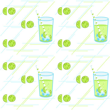 Seamless pattern with the image of glasses with a lime refreshing drink. Vector illustration with print of summer lemonade.