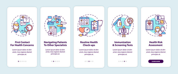 Family doctor tasks onboarding mobile app page screen with concepts. Healthcare walkthrough 5 steps graphic instructions. UI, UX, GUI vector template with linear color illustrations