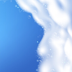 Beautiful blue background with realistic Soap foam with bubbles. Shampoo bubbles texture. Shiny washing hygiene detergent. Empty place for your text. Vector illustration