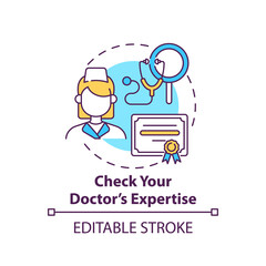 Check your doctor expertise concept icon. General practitioner with diploma. Professional aid. Family doctor idea thin line illustration. Vector isolated outline RGB color drawing. Editable stroke