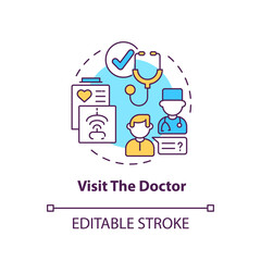 Visit the doctor concept icon. Therapist appointment. Primary care, general practitioner. Family doctor idea thin line illustration. Vector isolated outline RGB color drawing. Editable stroke