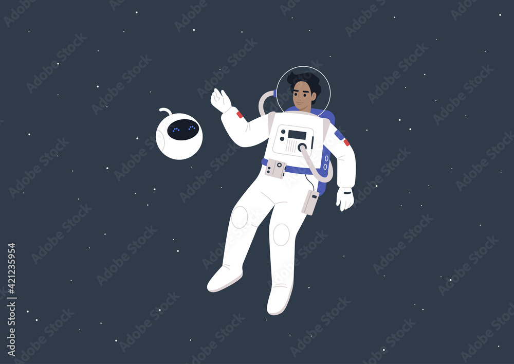 Wall mural a young male astronaut in a spacesuit and a cute round robot floating in outer space, a futuristic l