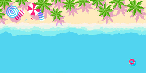 Fototapeta na wymiar sandy tropical beach with palm trees. Horizontal banner in cartoon style. Place for your text. Vector illustration