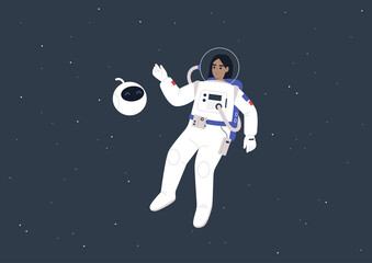 A young female astronaut in a spacesuit and a cute round robot floating in outer space, a futuristic life concept © nadia_snopek