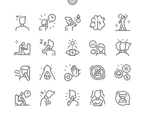 Migraines. Headache. Pain, problem, stressed, unhappy and depressed. Health care, medical and medicine. Pixel Perfect Vector Thin Line Icons. Simple Minimal Pictogram