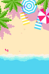 sandy tropical beach with palm trees. Banner in cartoon style. 