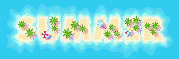 Fototapeta na wymiar Ocean and tropical islands with palm trees. Inscription SUMMER. Horizontal banner in cartoon style. Place for your text. Vector illustration 