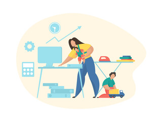 Busy woman working at home. Balancing work and home. Mom with children tries to work from home. Flat vector illustration