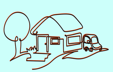 One line drawing of car and house.
One continuous line drawing of house and car on meadow in summer