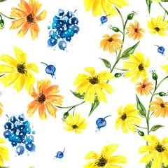 Gordijnen seamless watercolor pattern of plants. Herbs, flowers, chamomile, flowers watercolor. abstract splash of paint. flowers sunflower, leaves, calendula. blueberries, bunch of grapes, black currants.  © helgafo