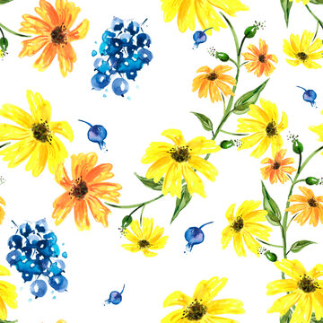 seamless watercolor pattern of plants. Herbs, flowers, chamomile, flowers watercolor. abstract splash of paint. flowers sunflower, leaves, calendula. blueberries, bunch of grapes, black currants. 