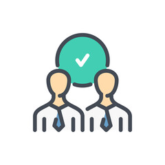Employee approval and Joint decision color line icon. Group of people with check mark vector outline colorful sign.