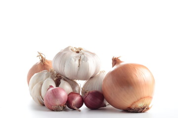 onion, garlic, shallot isolated on white background. selective focus.