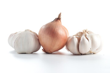onion and garlic isolated in white background