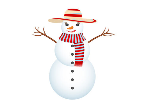 Female Snowman Isolated On White, Vector Illustration 