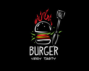 Hand drawn vector burger logo on black background