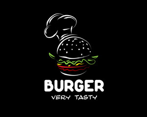 Hand drawn vector burger logo on black background