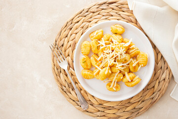 Gnocchi with cheese mediterranian food. Cooked gnocchi with butter and green onions.