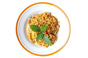 Blurry Spicy Stir Fried Mama, stir-fried instant noodles with fresh Spicy mama basil with egg selective focus