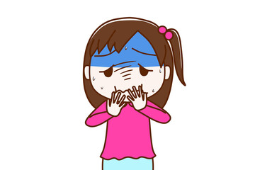 食べ過ぎて気持ち悪くなり冷や汗をかく少女