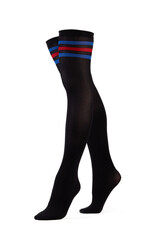 Subject shot of black opaque stockings with tree red and blue stripes on tops. The legs are isolated on the white background.
