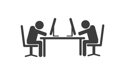 Symbol von zwei sich gegenüber sitzenden Personen am Schreibtisch vor ihrem Computer