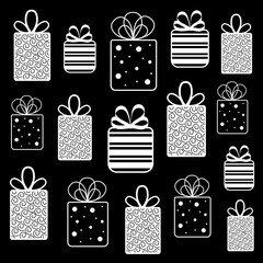 Gift Boxes On A Black Background. Seamless Pattern With Gifts For Decor Or Postcards. Birthday. Easter Gifts. Enjoyable Shopping.