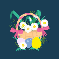 Easter basket filled with eggs and flowers. Happy Easter colorful flat style vector illustration. Basket with colored eggs and flowers.