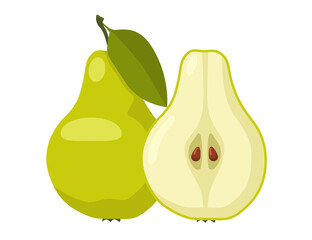Green whole and sliced pears with leaf. Pear flat vector illustration