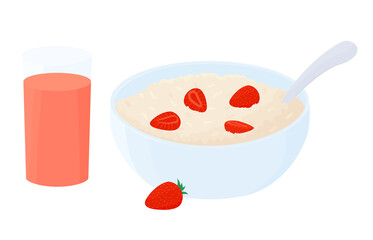 Oatmeal breakfast bowl with strawberry. Cup of oat grain porridge with glass of berry smoothies isolated on white background. Vector food illustration. Cartoon muesli flakes.