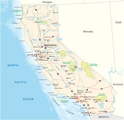road and national park vector map of the US state of California 